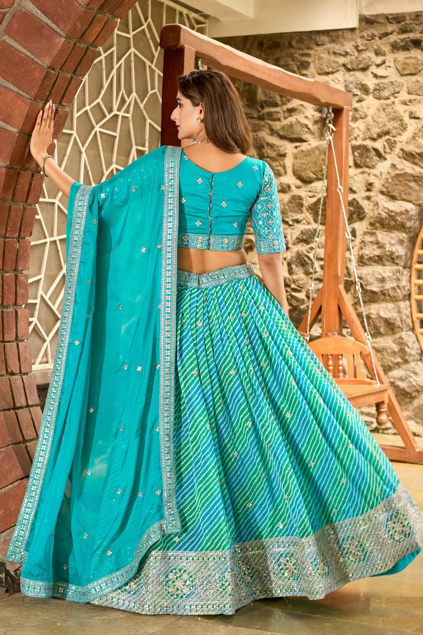 Turquoise Blue Silk Lehenriya Print & Embroidery Lehenga Choli