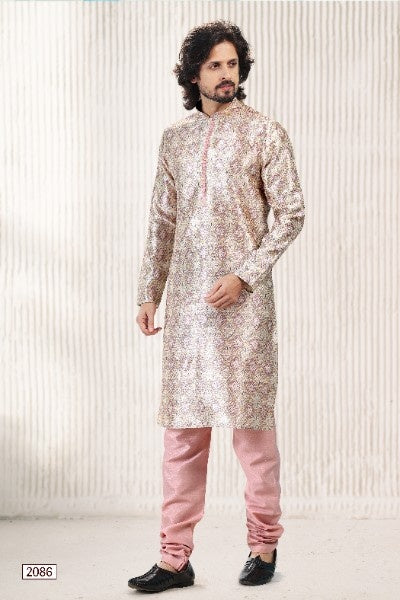 Men's Cream Peach Jacquard Banarasi Silk Digital Print Kurta Pajama Set
