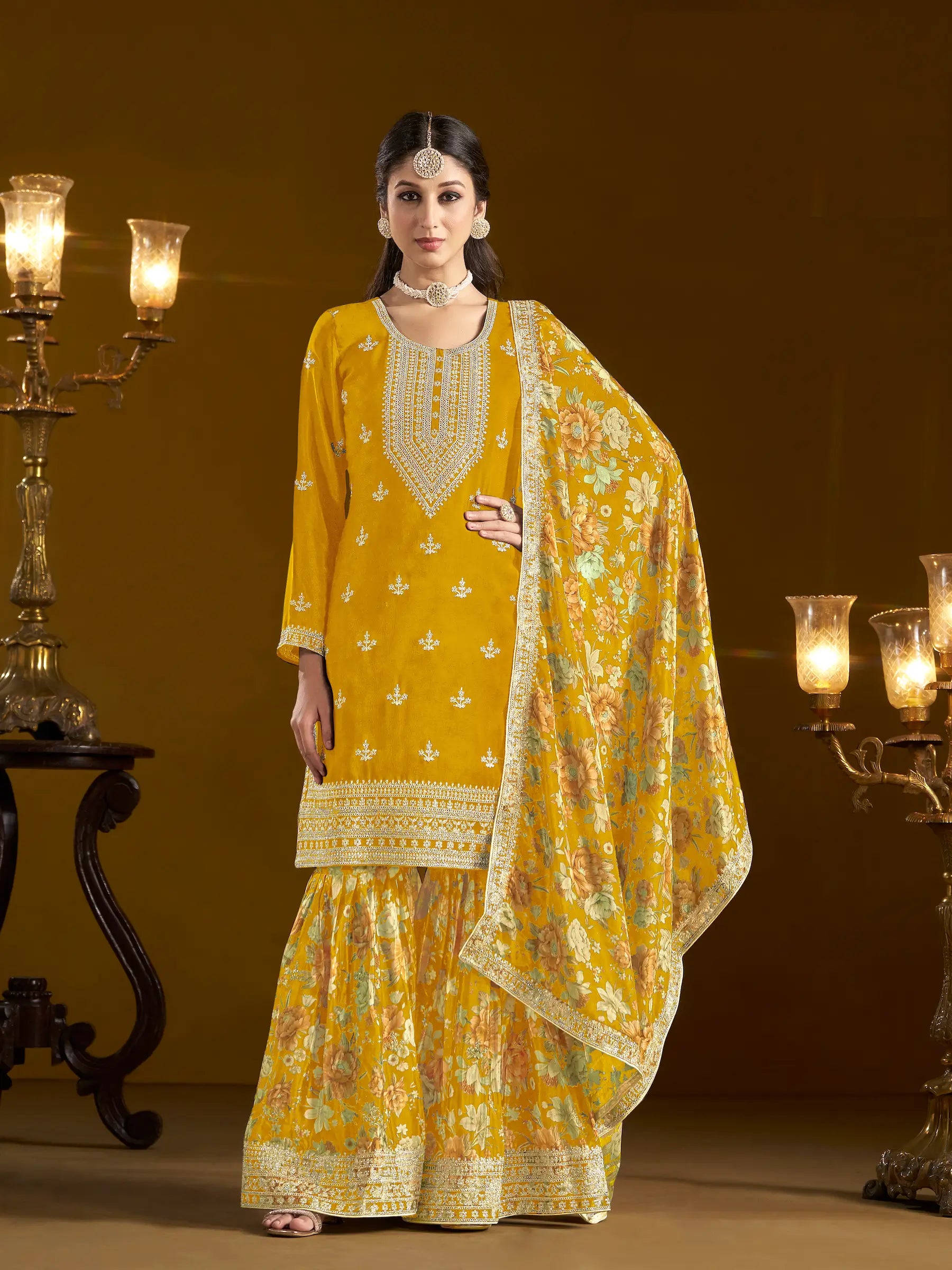 Yellow Chinon Printed, Sequins & Thread Embroidered Sharara Suit - qivii