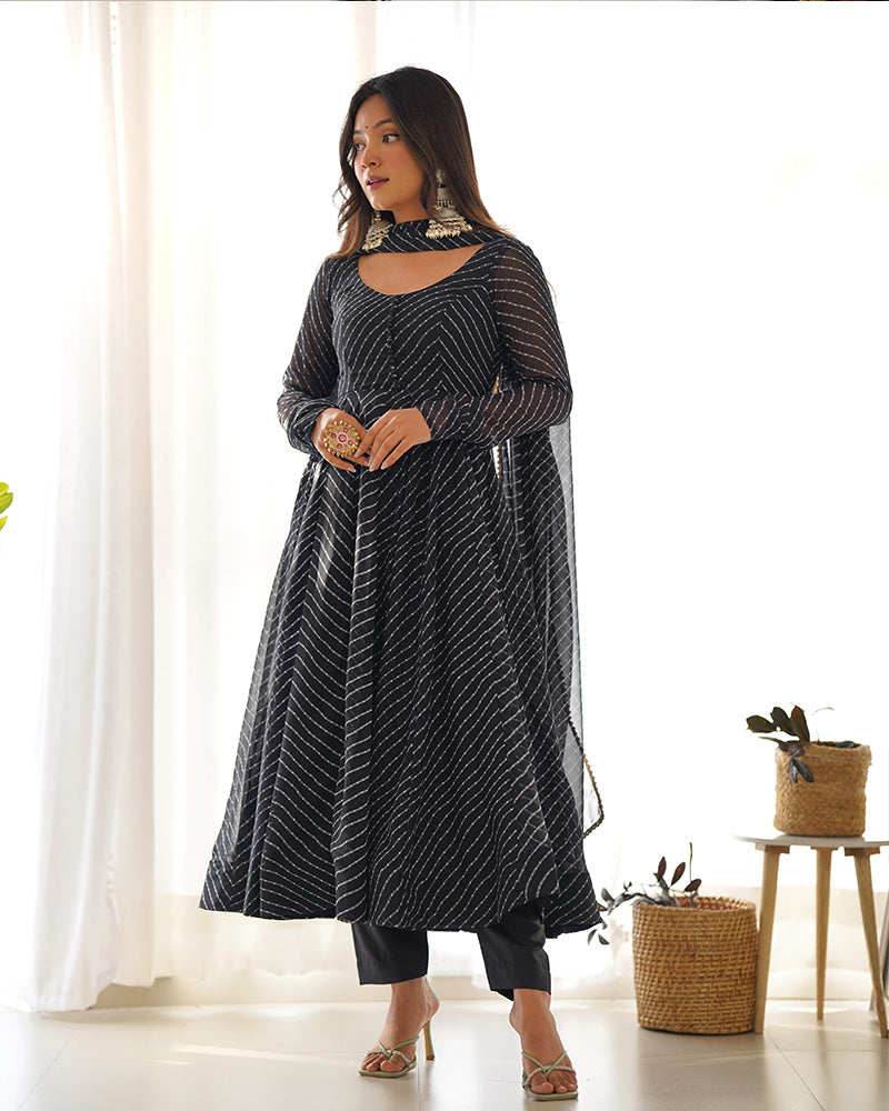 Black Color Laheriya Print Georgette Three Piece Anarkali Suit  - By Qivii