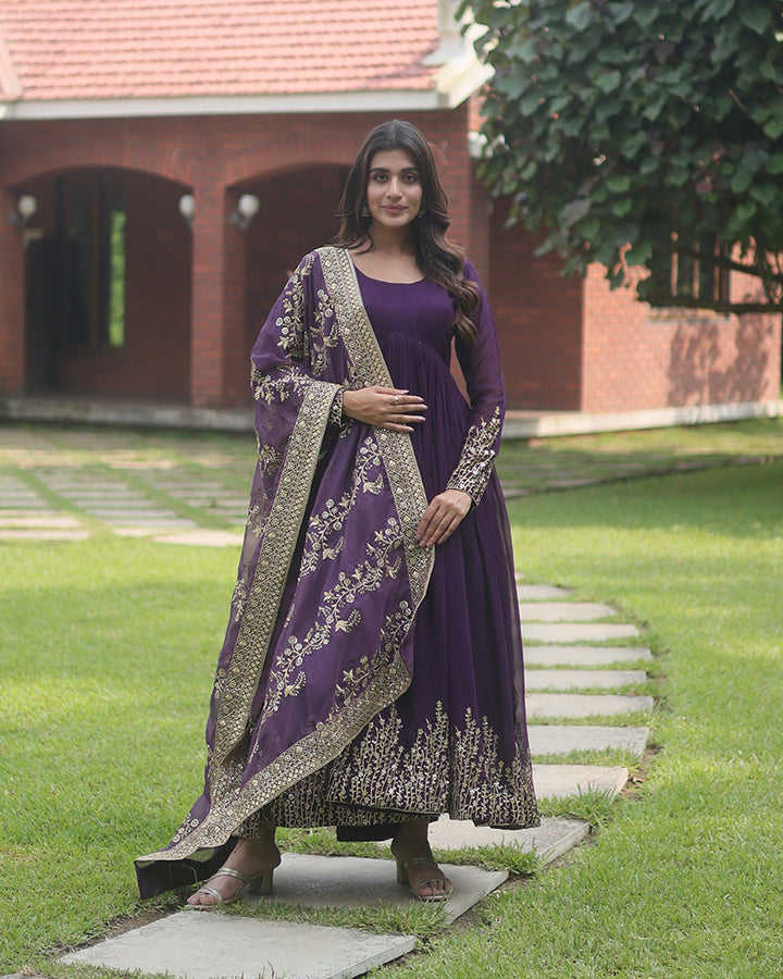 Wine Color Designer Fully Stitched Anarkali Gown  - By Qivii