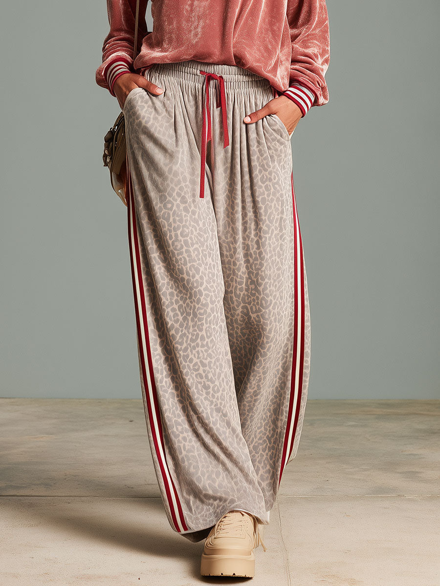 Casual Retro Pink Shiny Velvet Sweatshirt And Leopard Print Pants Set  - By Qivii