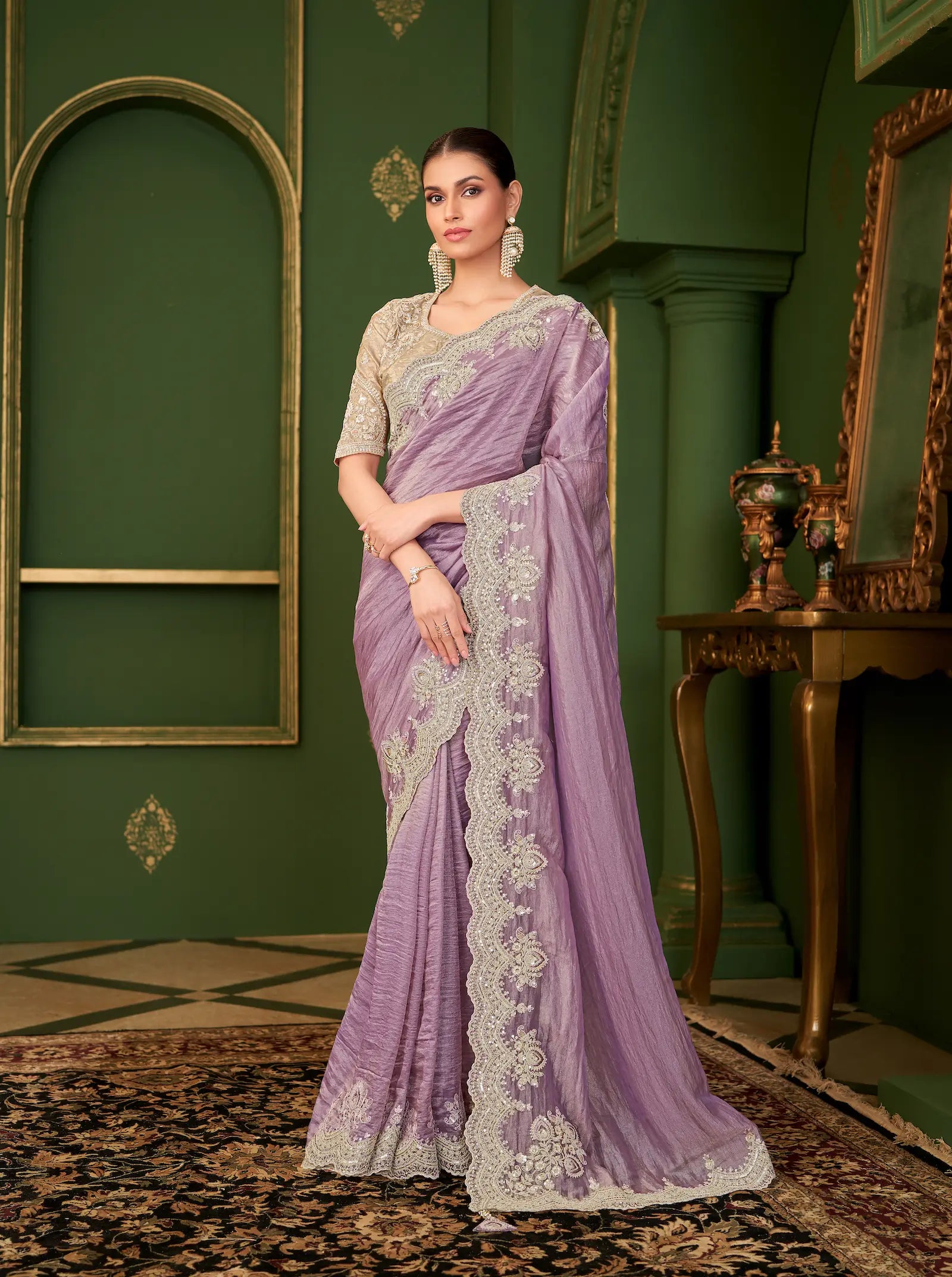 Pastel Purple Silk georgette Heavy Embroidery Saree