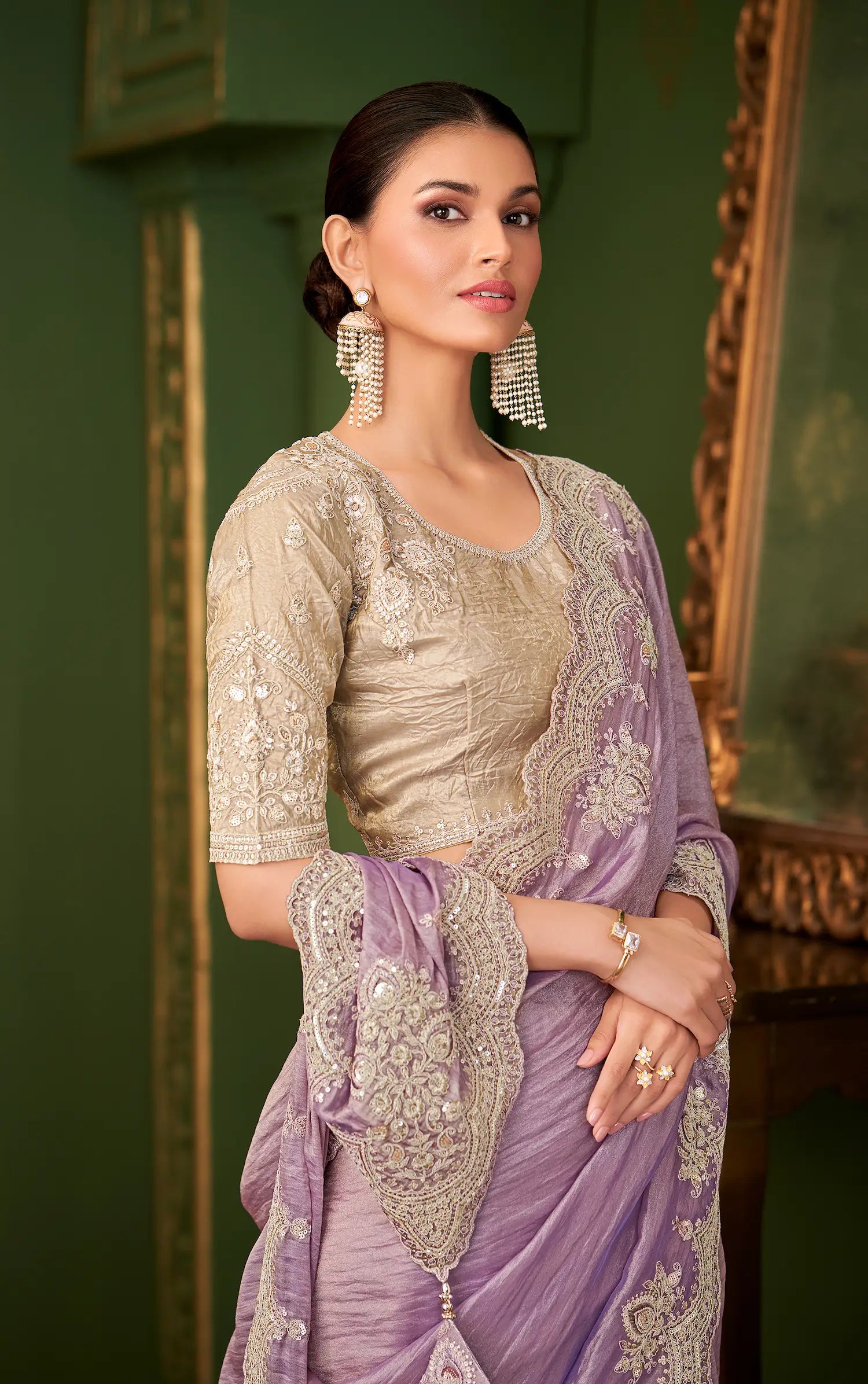 Pastel Purple Silk georgette Heavy Embroidery Saree