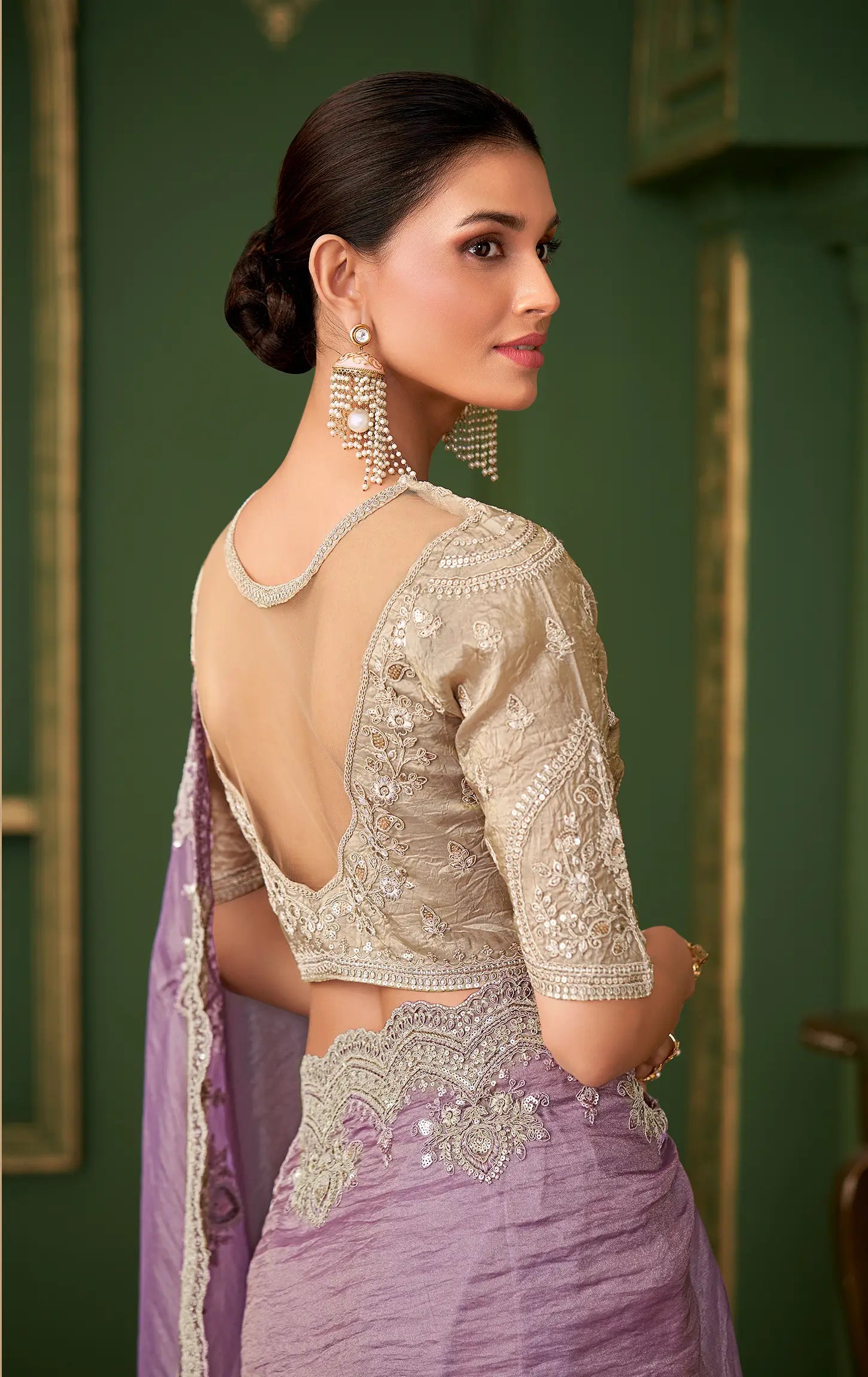 Pastel Purple Silk georgette Heavy Embroidery Saree