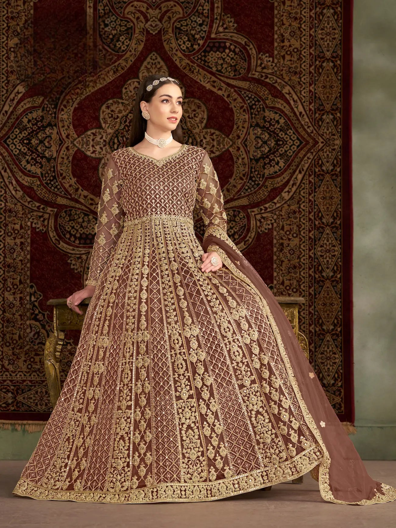 Light Brown Net Gown With Sequence & Zari Embroidery Work - qivii
