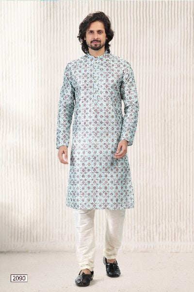 Men's Green Jacquard Banarasi Silk Digital Print Kurta Pajama Set