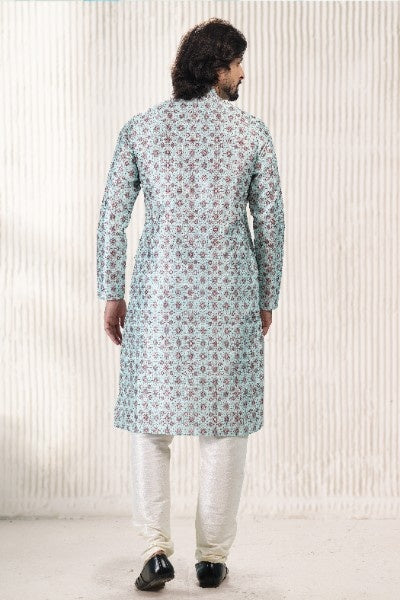 Men's Green Jacquard Banarasi Silk Digital Print Kurta Pajama Set