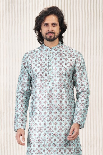 Men's Green Jacquard Banarasi Silk Digital Print Kurta Pajama Set