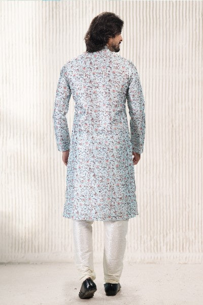 Men's Sky Blue Jacquard Banarasi Silk Digital Print Kurta Pajama Set