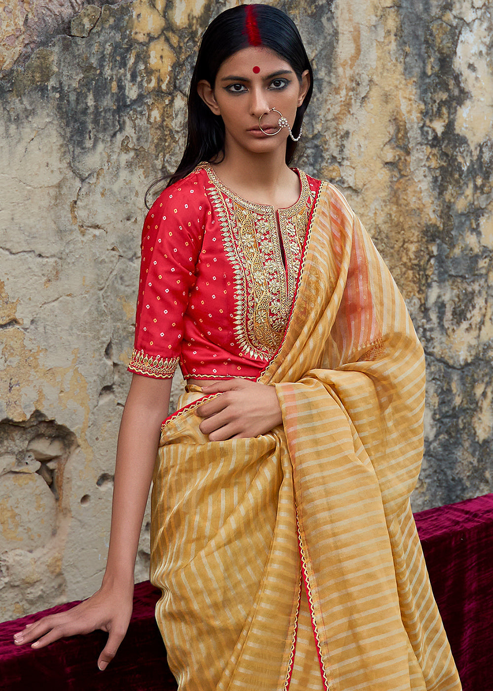 Mustard Yellow Zari Weaving Organza Saree with Embroidered Blouse - qivii