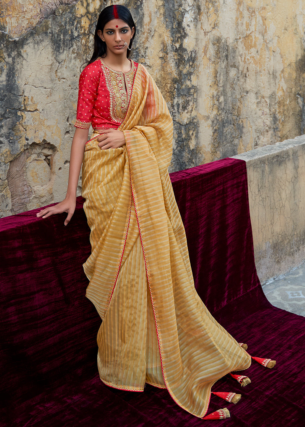 Mustard Yellow Zari Weaving Organza Saree with Embroidered Blouse - qivii