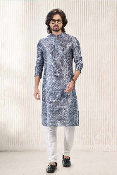 Men's Dark Grey Jacquard Banarasi Silk Digital Print Kurta Pajama Set
