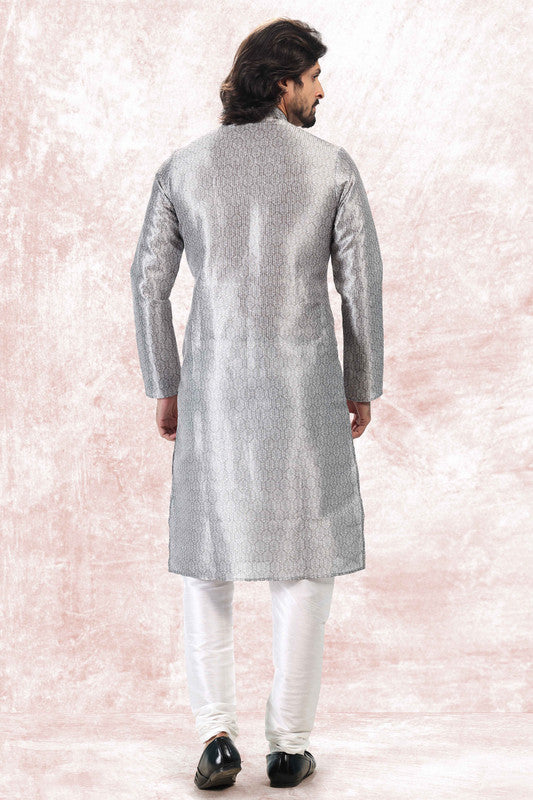 Men's Grey Jacquard Banarasi Silk Digital Print Kurta Pajama Set