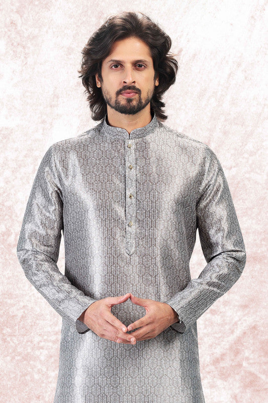 Men's Grey Jacquard Banarasi Silk Digital Print Kurta Pajama Set