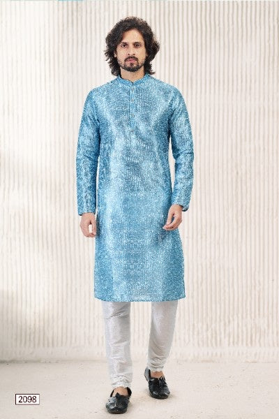 Men's Blue Jacquard Banarasi Silk Digital Print Kurta Pajama Set