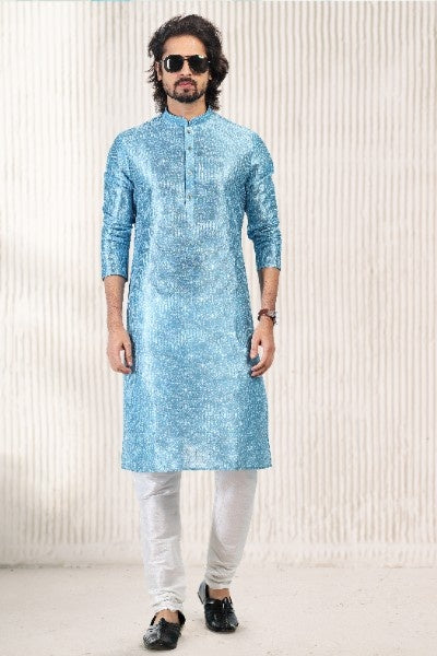 Men's Blue Jacquard Banarasi Silk Digital Print Kurta Pajama Set