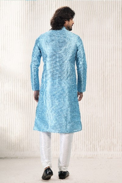 Men's Blue Jacquard Banarasi Silk Digital Print Kurta Pajama Set