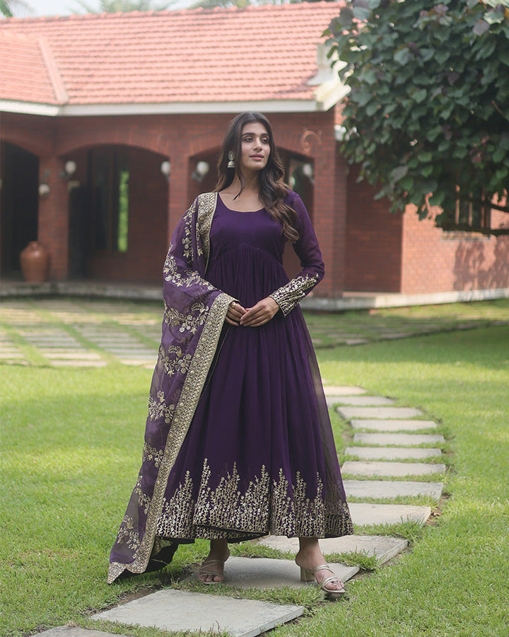 Wine Color Designer Fully Stitched Anarkali Gown  - By Qivii