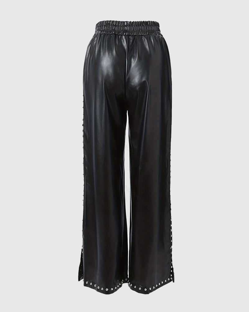 Beaded Loose Wide-leg Leather Pants  - By Qivii