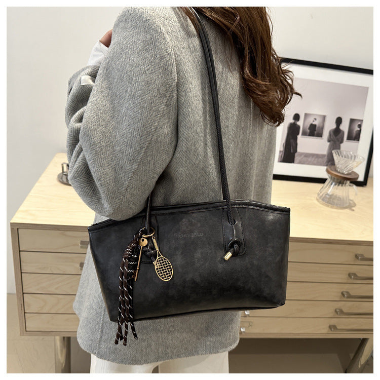 Women's Vintage-Chic Oversized Tote - Commuter-Ready Shoulder Bag w/ Detachable Accent Charms, Grain-Textured Vegan Leather
