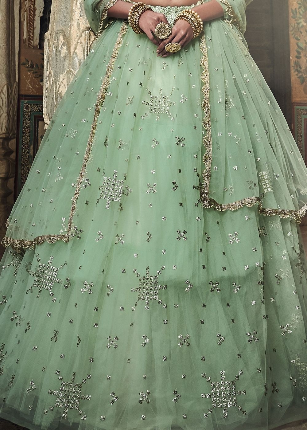 Sea Green Soft Net Lehenga with Sequins & Zari work | Ready To Wear - qivii
