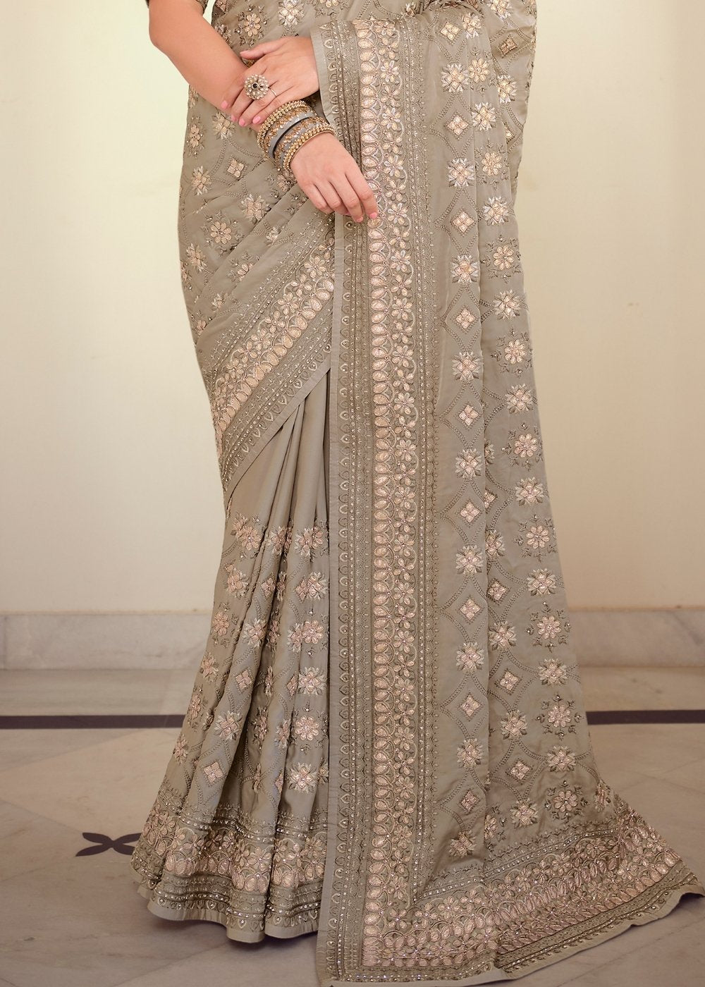 Seal Grey Designer Satin Georgette Saree with Gota & Resham work - qivii