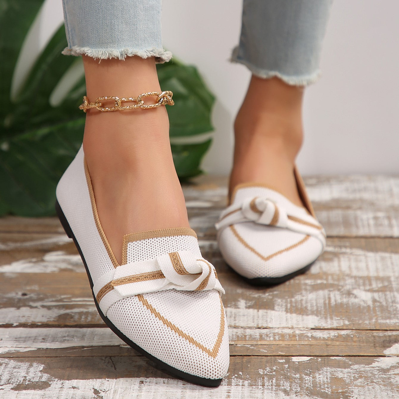 Women's Plus Size Knit Flat Loafers - Slip-On Bowknot Shallow Cut Lazy Work Shoes