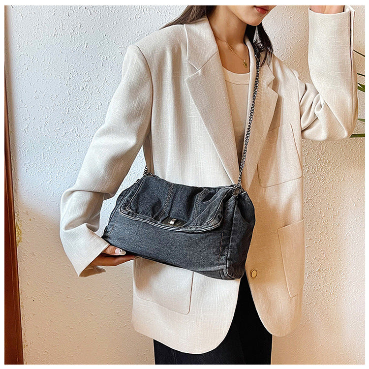 Women's Vintage Denim Tote Bag – Casual Chain Strap Shoulder Bag with Spacious Compartment Retro Commuter Essentials