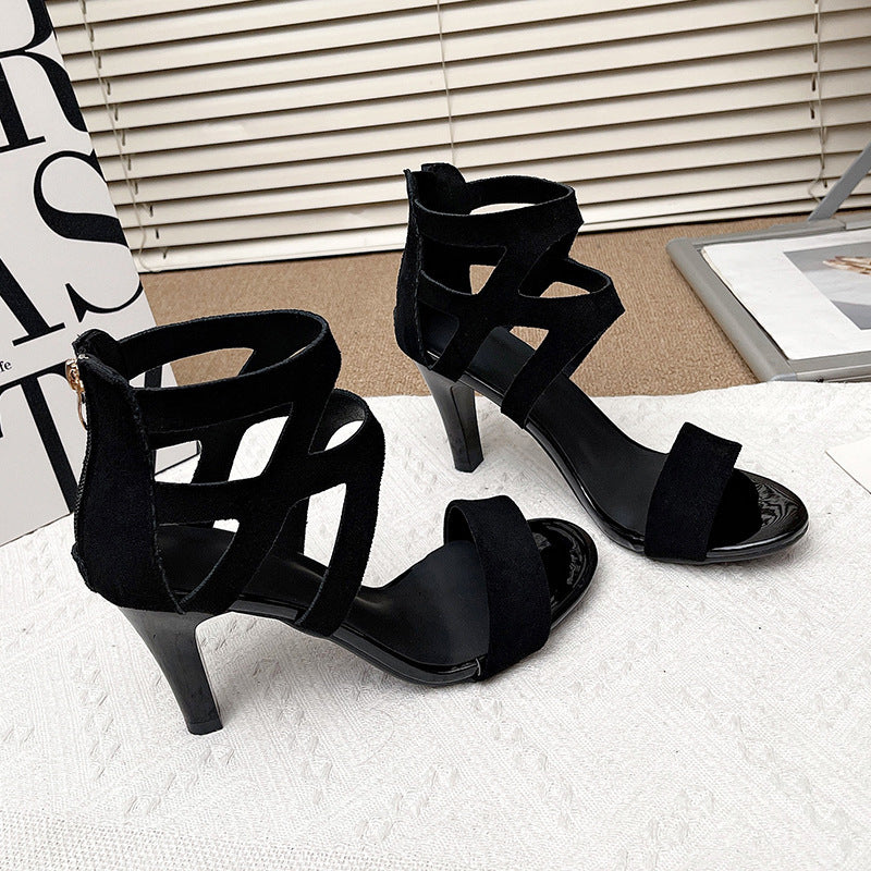 Women’s Aurora Rome Stiletto Heels – Zip Back Suede Open-Toe Sandals (US4–10.5)