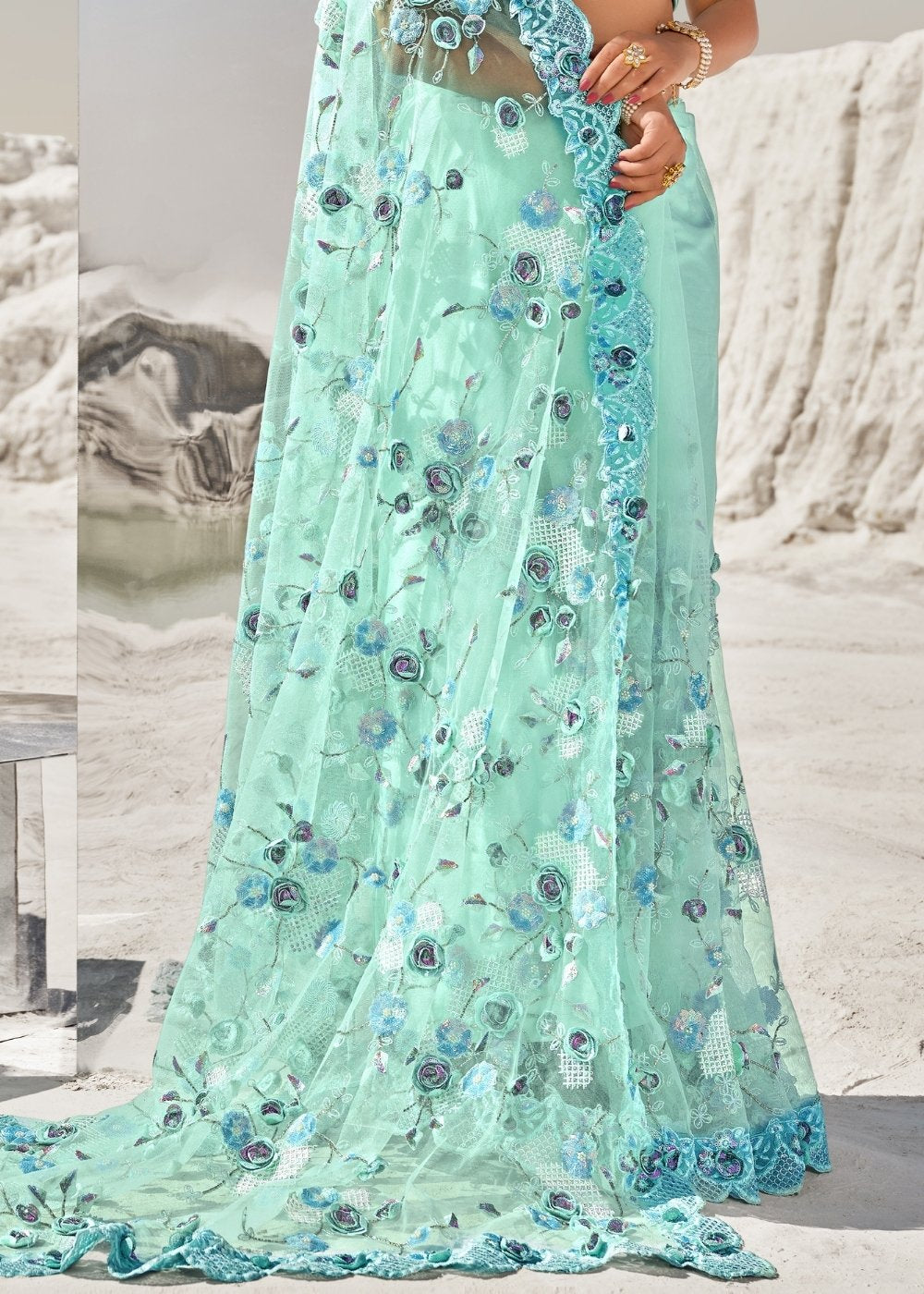 Arctic Blue Designer Net Saree with Hand-Made Flower,Moti & Cut-Dana work