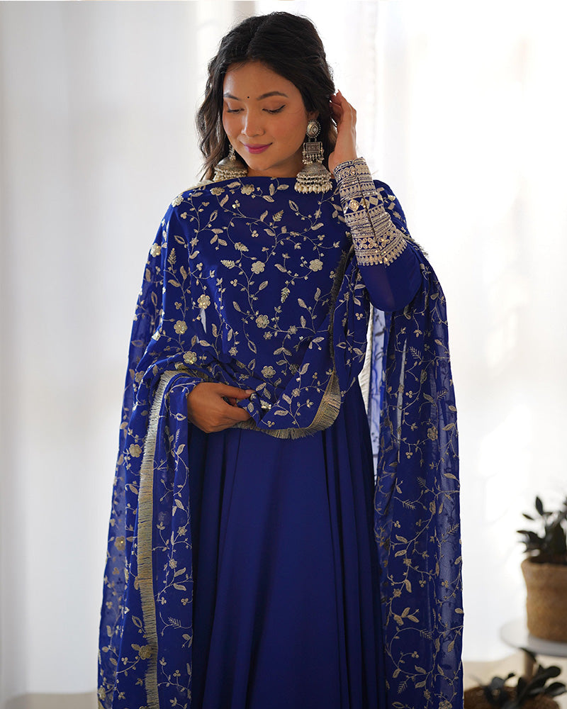 Royal Blue Color Soft Georgette With Heavy Embroidery Work Dupatta Anarkali Suit  - By Qivii