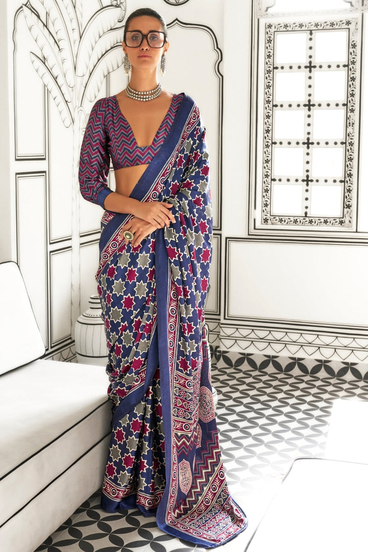 Comet Purple Printed Ajrakh Satin Crepe Saree