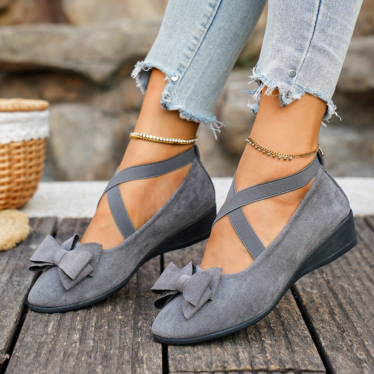 Women’s Elara Bow Suede Wedge Loafers – Elastic Cross-Strap Comfort Slip-Ons (US 5–10.5)