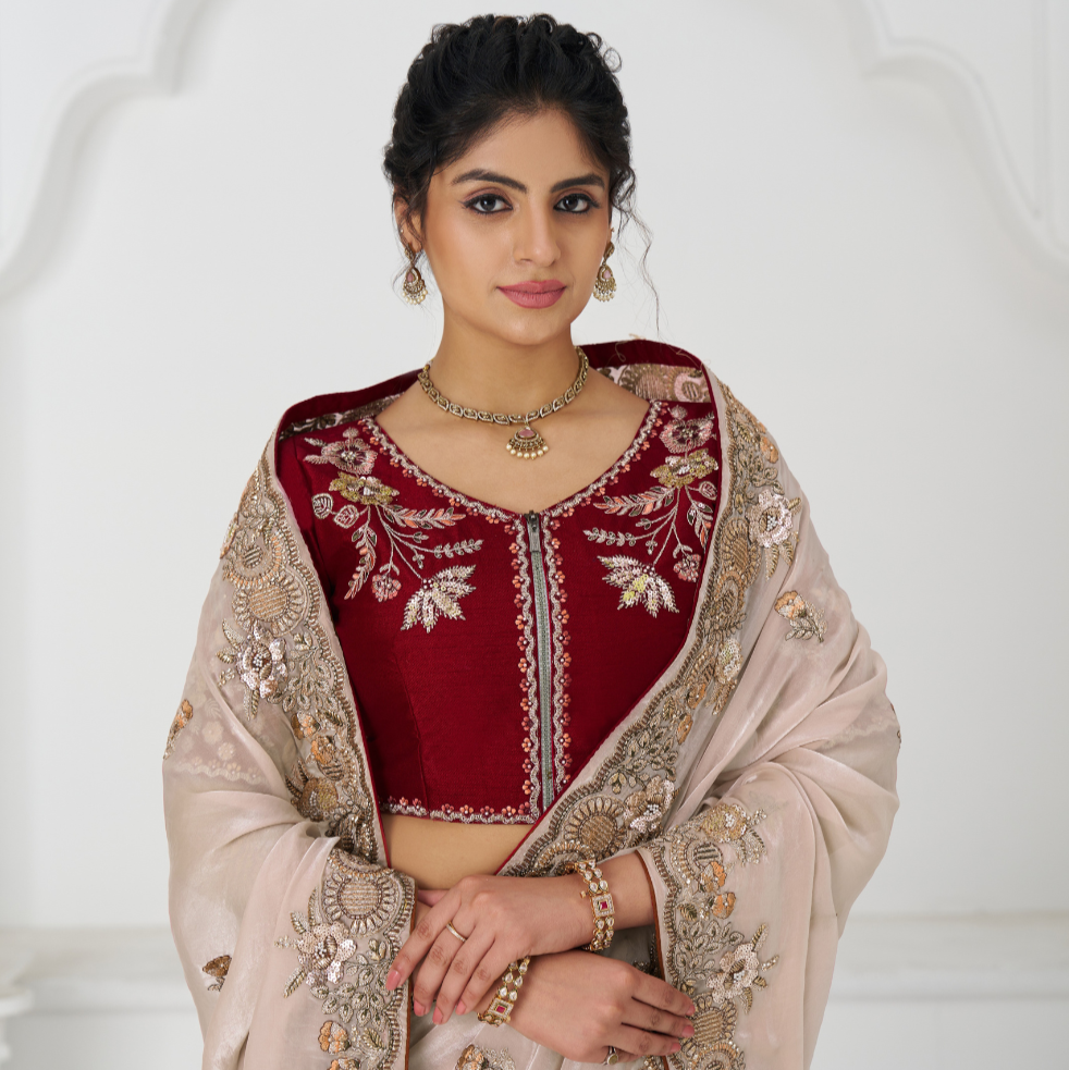 Chiku Color Stunning Fendi Silk Saree With Zari & Sequins Elegance - qivii