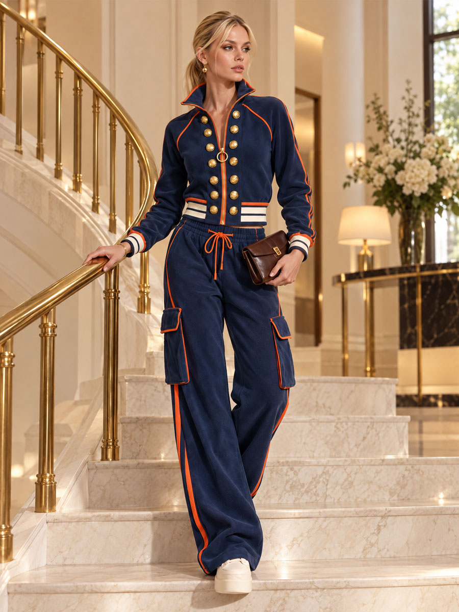 Sporty Retro Double-breasted Decorative Button-down Blue Jacket And Trousers Set  - By Qivii