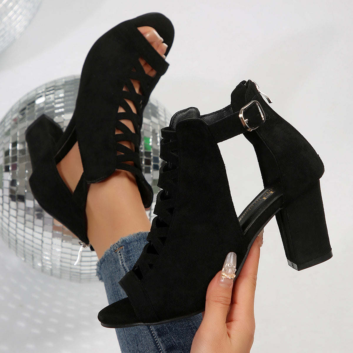 Women's Odette Suede Peep-Toe Cutout Bootie Sandals – Buckle Strap Chunky Heel Sophisticated Boot Sandals (US 3.5–11.5)