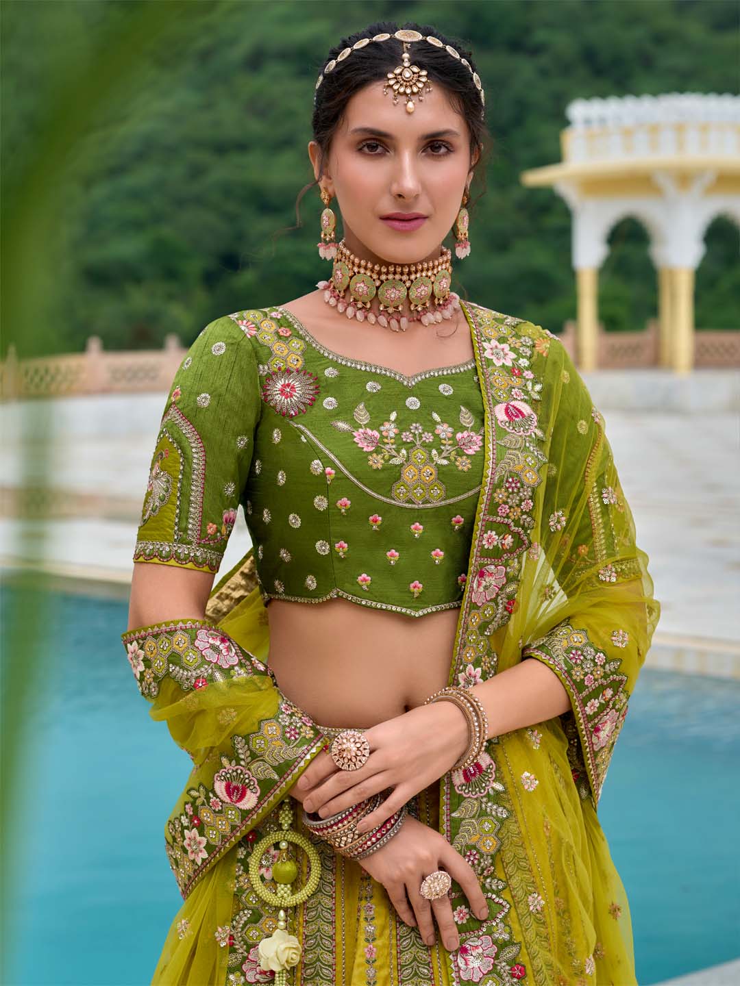 Mehendi-Green Shaded Heavy Designer Embroidered Patchwork Silk Semi Stitched Lehenga Choli - qivii