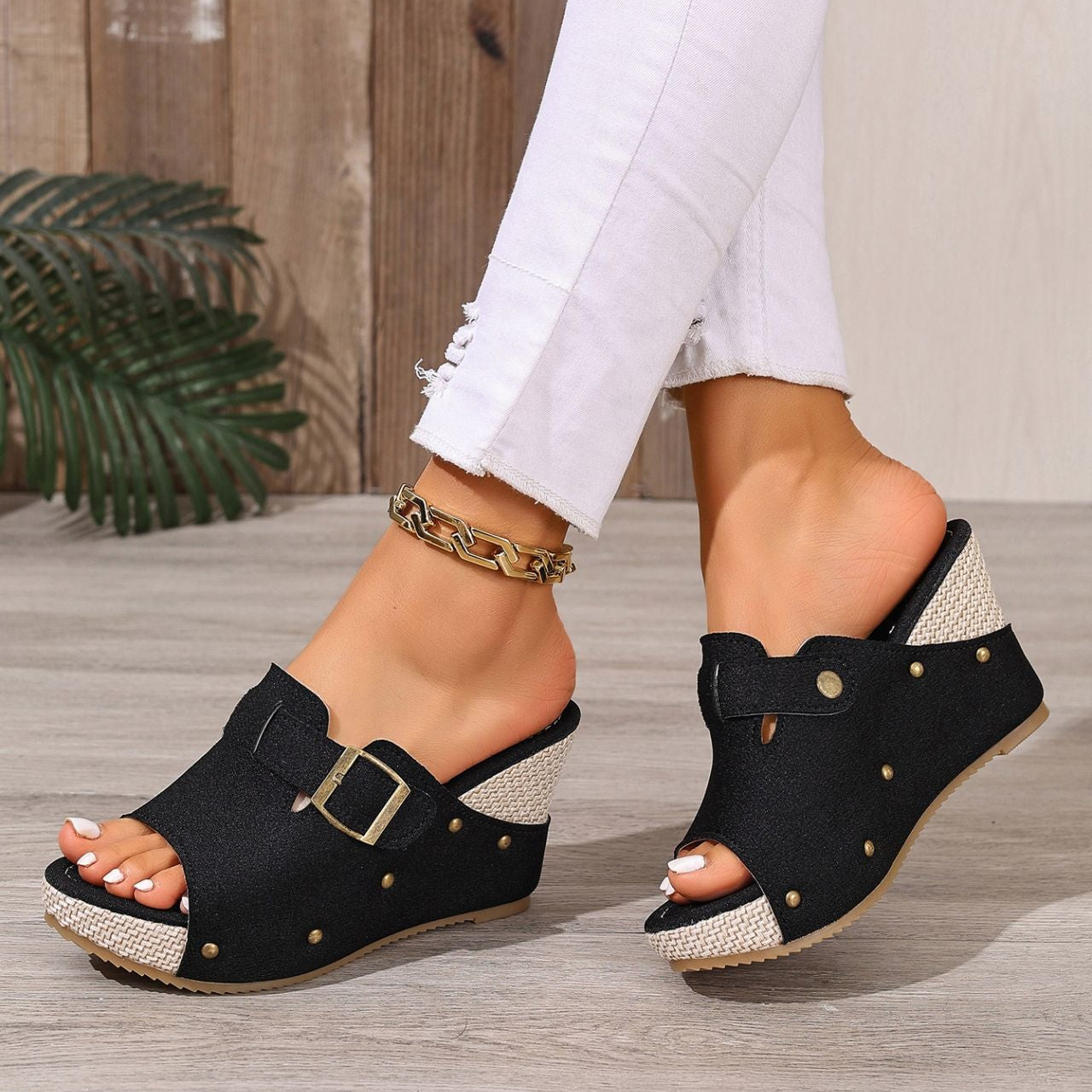 Women’s Sable Rivet Velcro Platform Wedge Sandals – Chunky Studded Slides with Adjustable Strap (US 4–10.5)