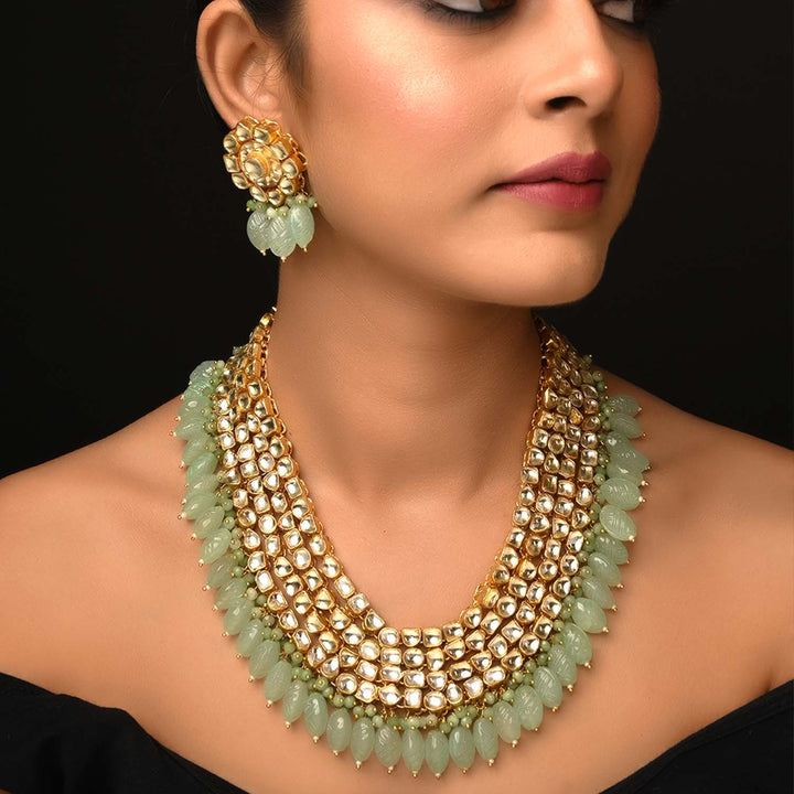 Naaz Golden Coloured Pachi Kundan Long Necklace Set With Mint Green Drops