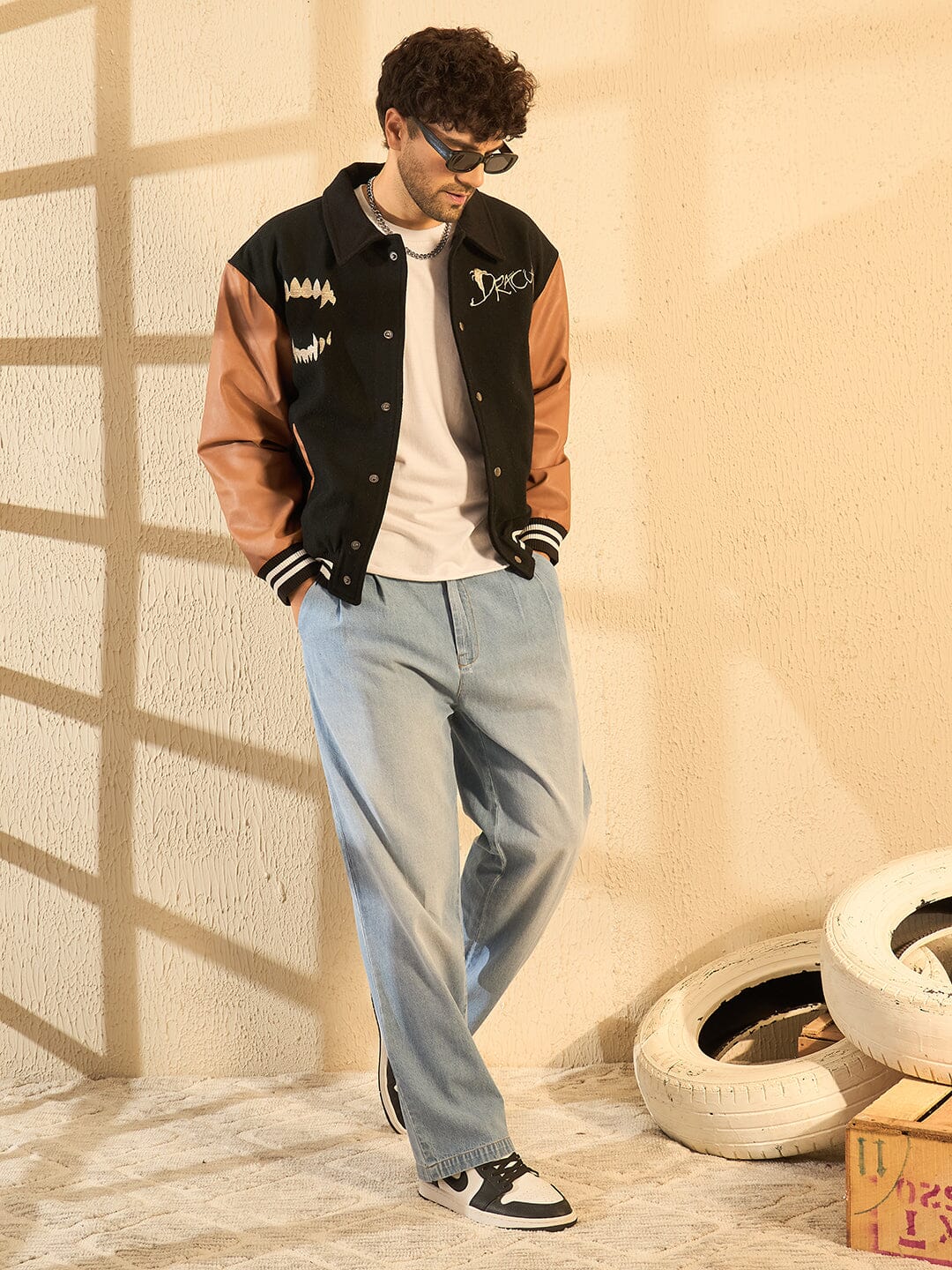 Black Dracula Embroidery Woollen Varsity Jacket