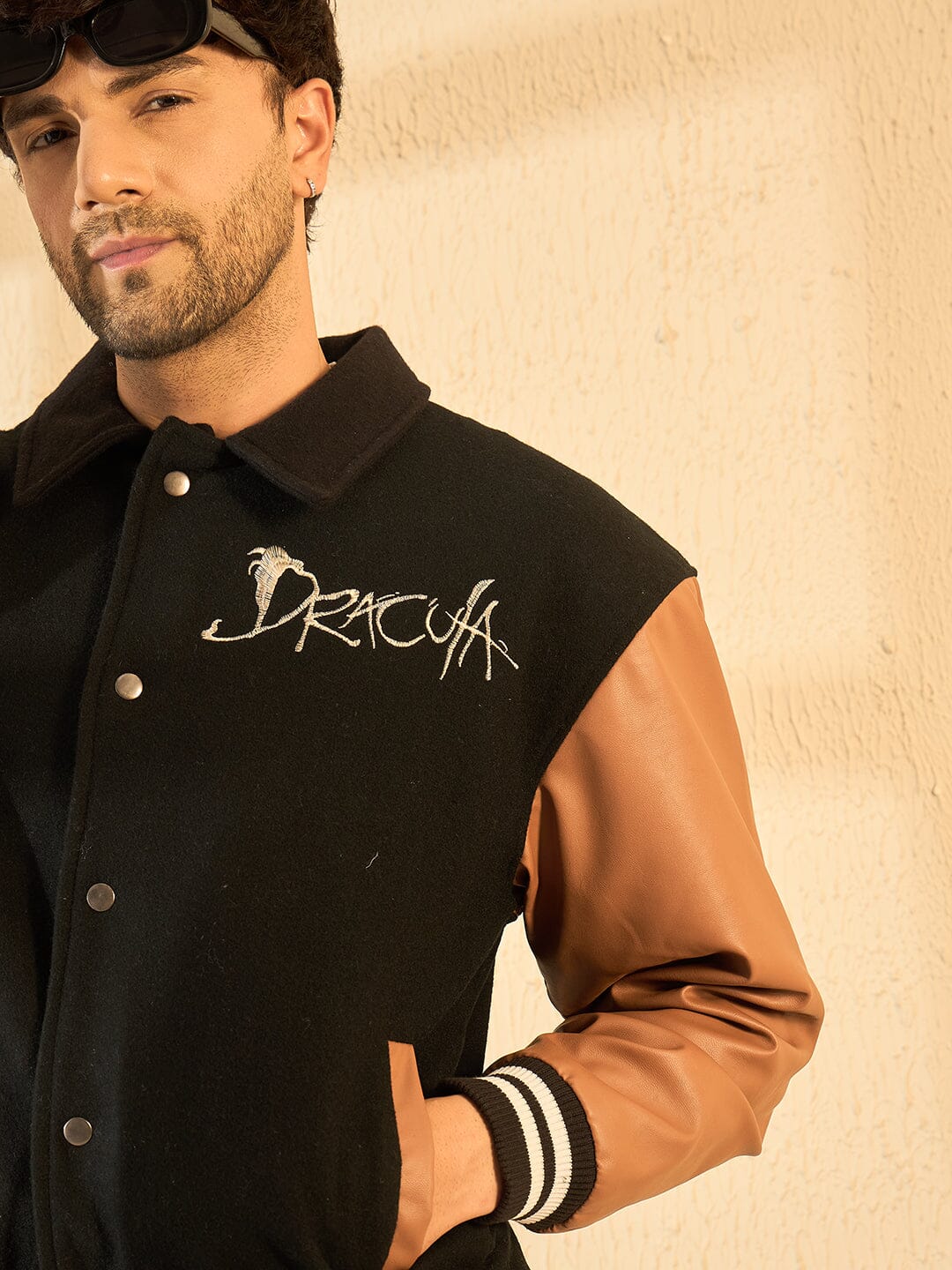 Black Dracula Embroidery Woollen Varsity Jacket