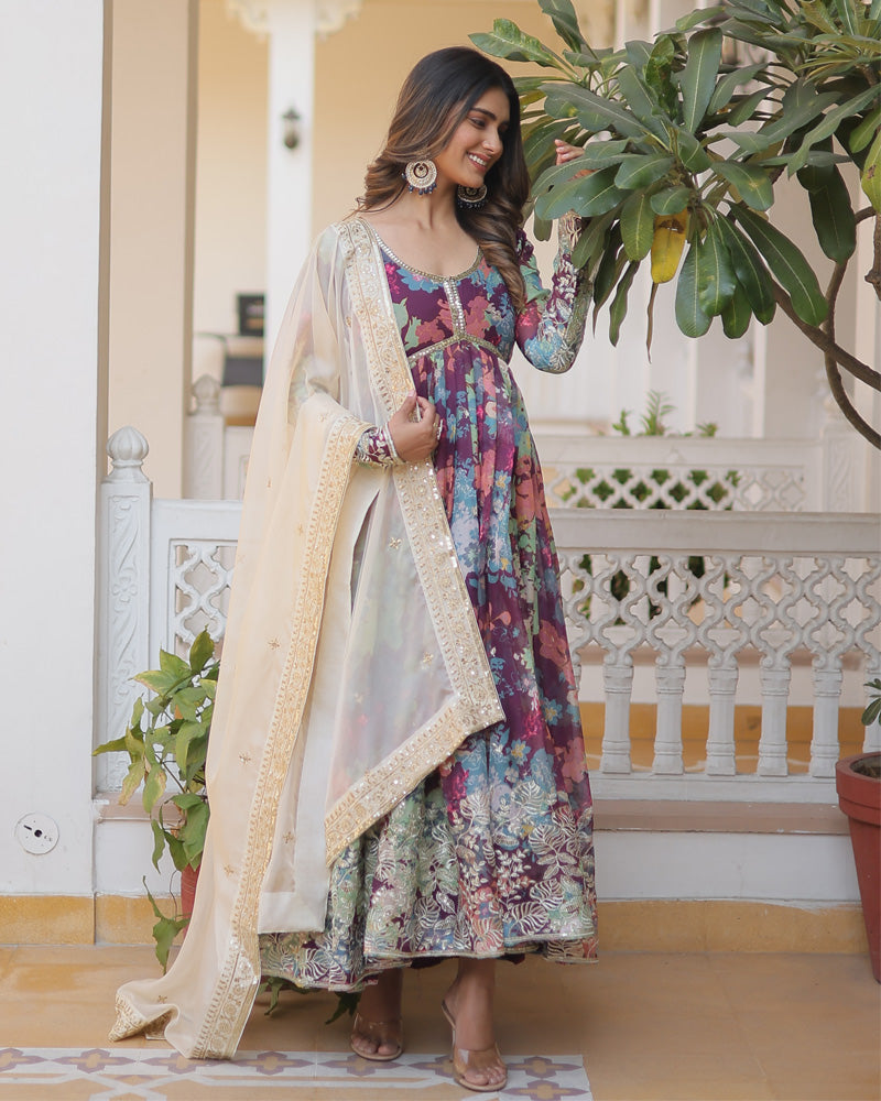 Wedding Wear Floral Embroidered Wine Color Alia Cut Gown With Dupatta  - By Qivii