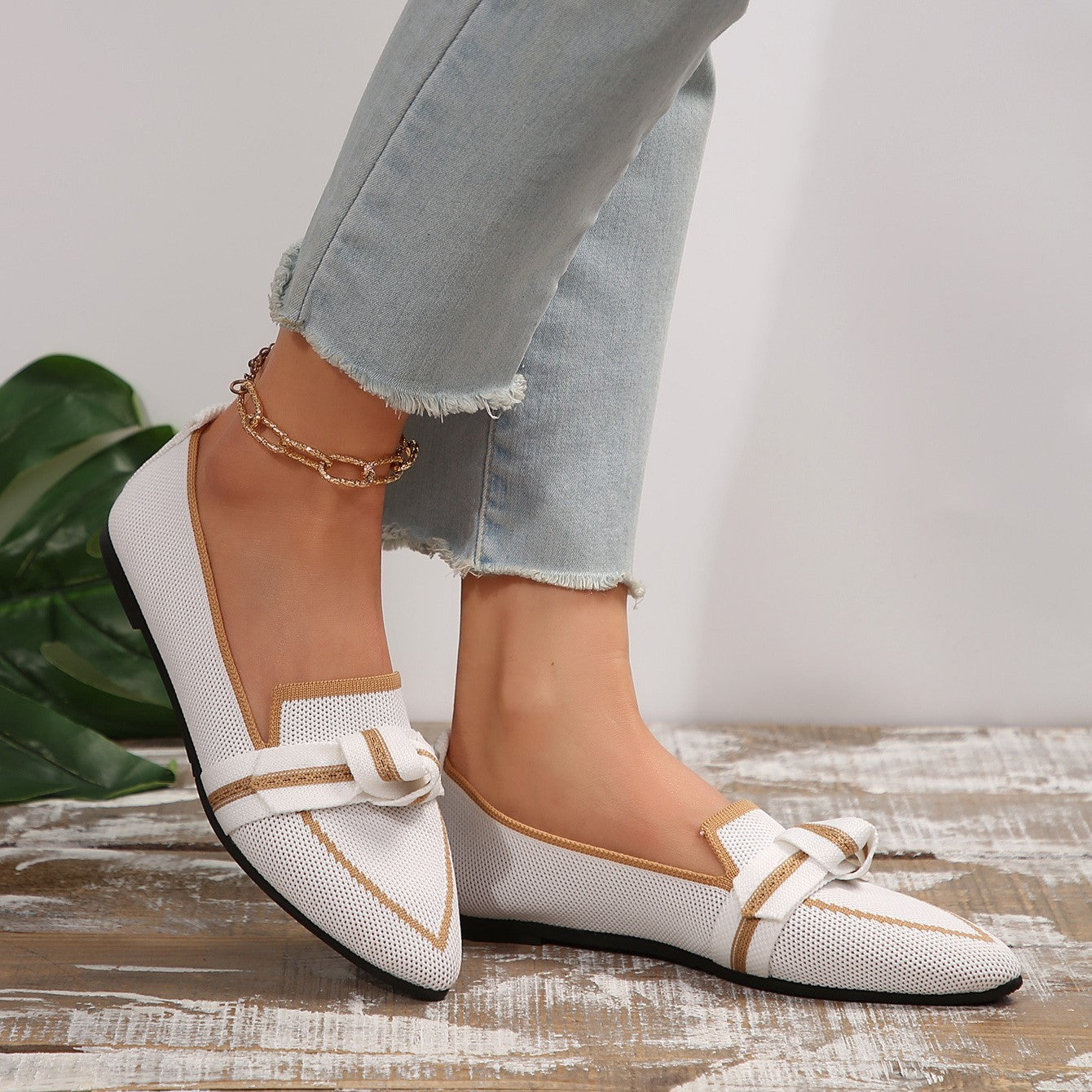 Women's Plus Size Knit Flat Loafers - Slip-On Bowknot Shallow Cut Lazy Work Shoes