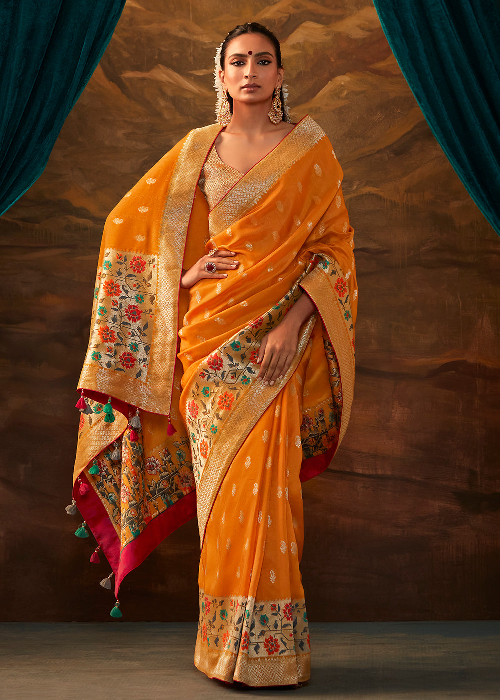 Carrot Orange Paithani Banarasi Silk Saree having Resham Woven Floral Motifs