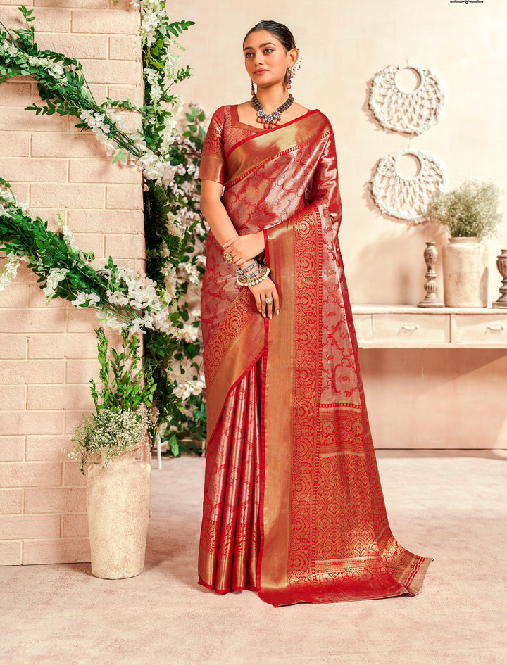 Red Color Soft Silk Fabric With Pure Zari Weaving Saree