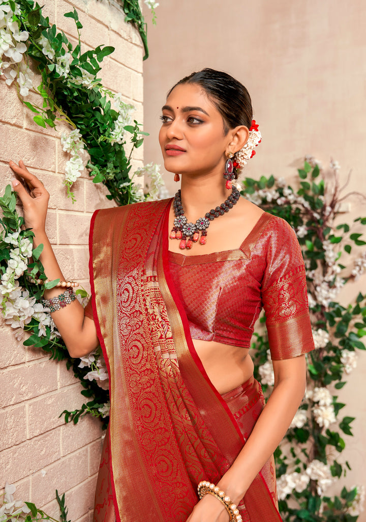 Red Color Soft Silk Fabric With Pure Zari Weaving Saree