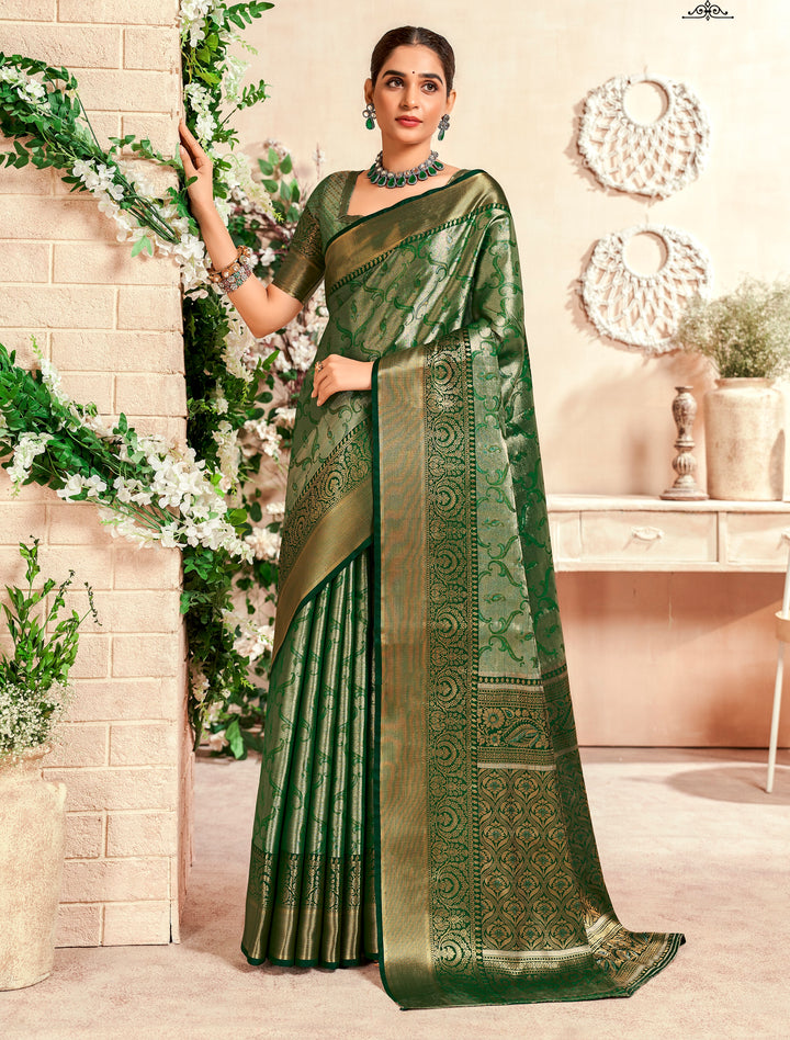 Green Color Soft Silk Fabric With Pure Zari Weaving Saree