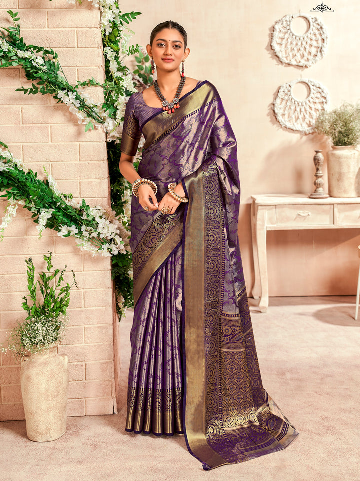 Purple Color Soft Silk Fabric With Pure Zari Weaving Saree