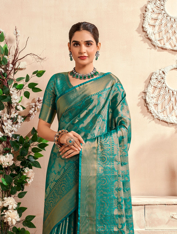 Teal Color Soft Silk Fabric With Pure Zari Weaving Saree